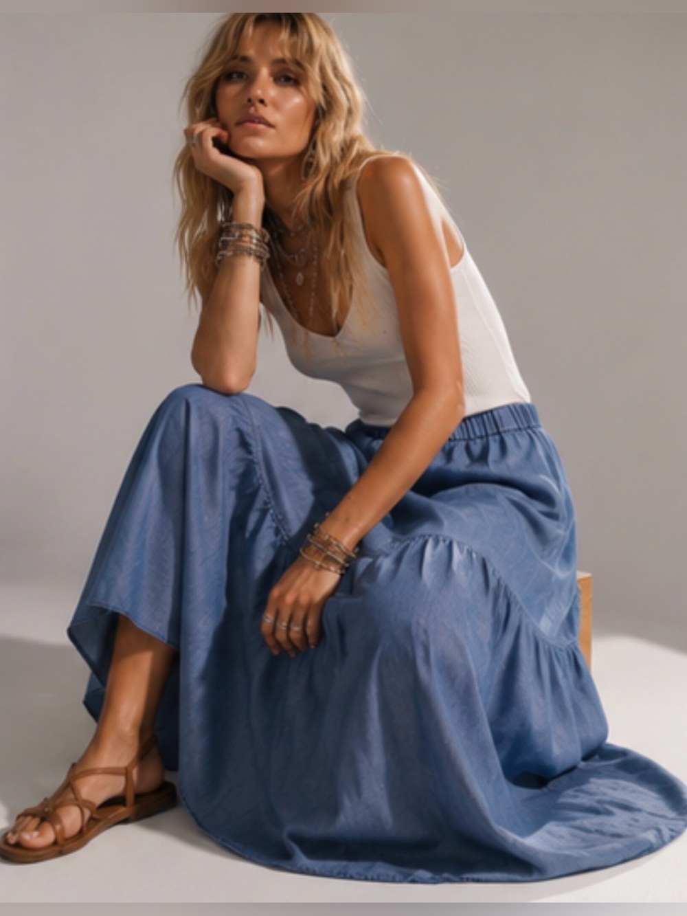Tiered Chambray Medium Blue Midi Skirt